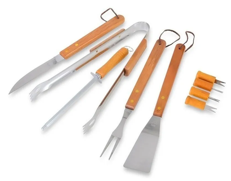 Kit Churrasco Aço Inox Acabamento em Madeira